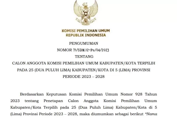 PENGUMUMAN Inilah Daftar Nama Calon Anggota KPU Di 5 Provinsi Periode