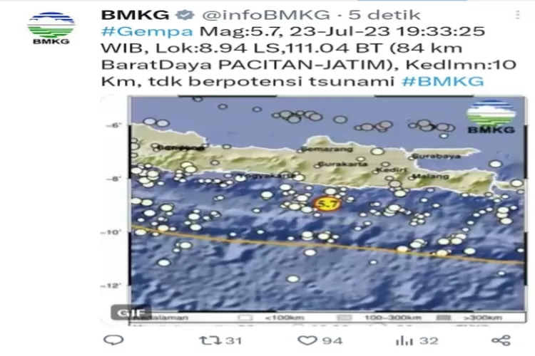 BREAKING NEWS Gempa Magnitudo 5 7 SR Guncang Perairan Pacitan Terasa