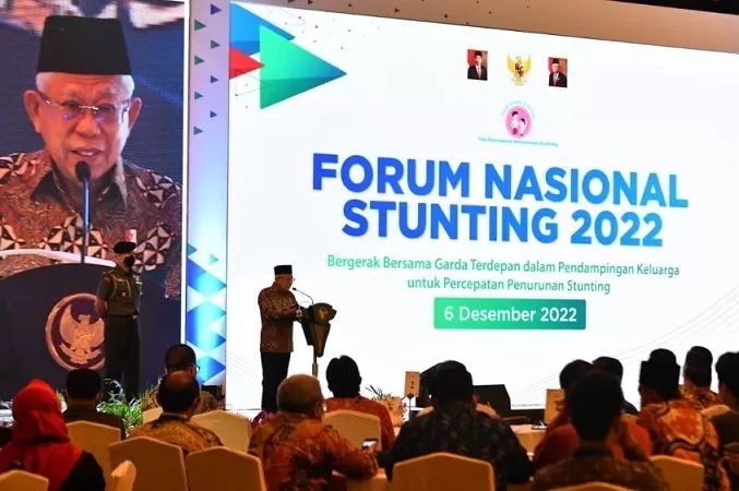 Wapres  Ma'aruf Amin dalam Forum Nasional Stunting 2022 di Hotel Shangrila, Jakarta Pusat pada Selasa (6/12/2022).