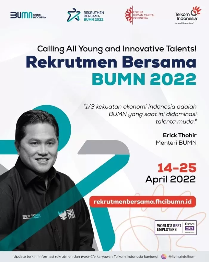 Rekrutmen Bersama BUMN 2022 dibuka secara resmi oleh Menteri BUMN Erick Thohir. Periode pendaftaran dimulai pada tanggal 14 hingga 25 April 2022. Sejumlah BUMN termasuk PT Telkom Indonesia (Persero) Tbk turut berpartisipasi pada program tersebut. (Istimewa)