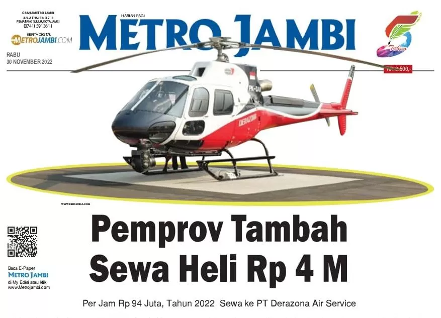 Berita anggaran helikopter Pemprov Jambi pada laman muka Harian Pagi Metro Jambi, Rabu (30/11/2022).
