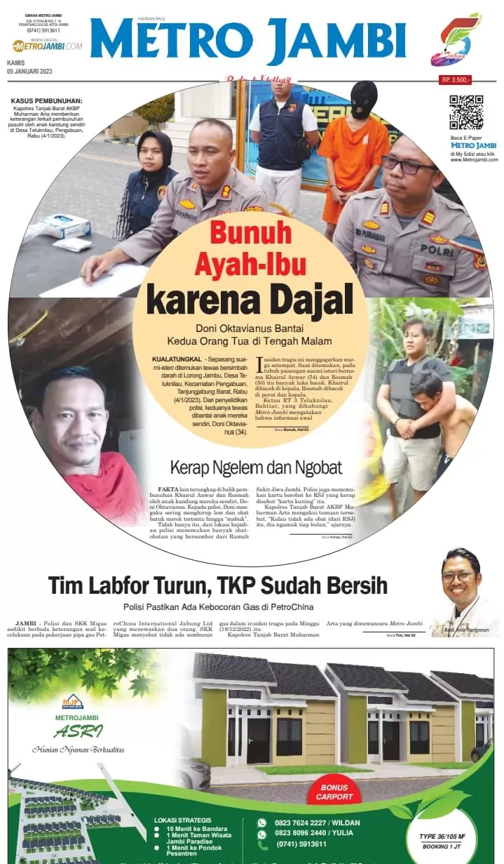 Halaman muka koran Metro Jambi edisi Kamis 5 Januari 2023