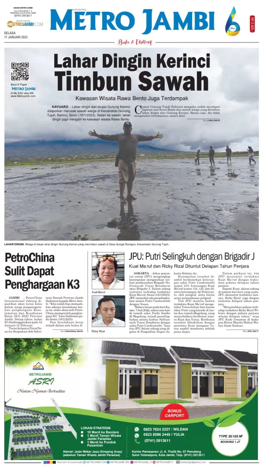 Halaman muka koran Metro Jambi edisi Selasa 17 Januari 2023