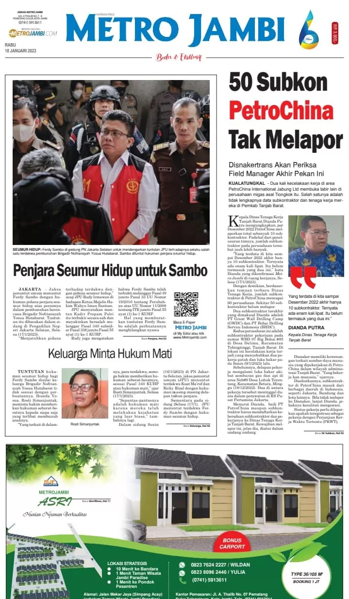 Halaman muka koran Metro Jambi edisi Rabu 18 Januari 2023