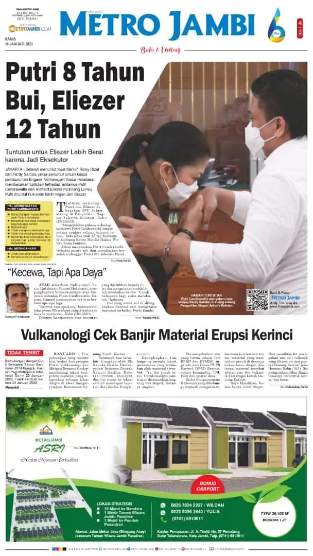 Halaman muka koran Metro Jambi edisi Kamis 19 Januari 2023