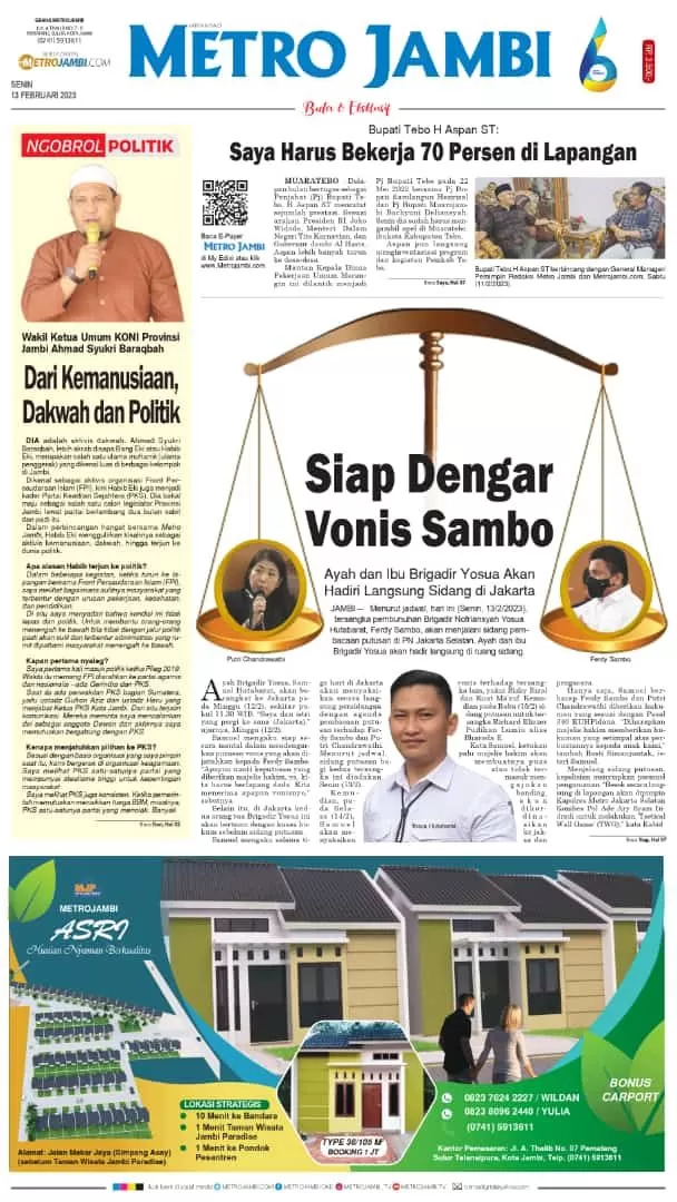 Halaman muka koran Metro Jambi edisi Senin 13 Februari 2023