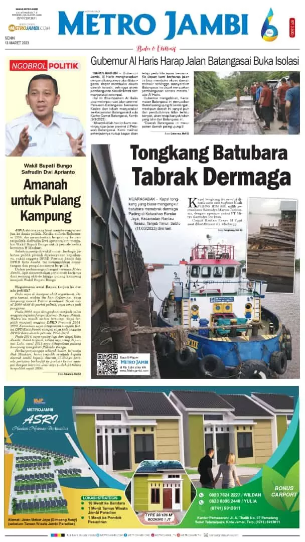 Halaman muka kotan Metro Jambi edisi Senin 12 Maret 2023