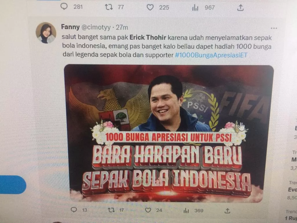 Foto: scrrenshot twitter@cimotyy emang pas 1000 bunga untuk erick tohir (twitter@cimotyy)