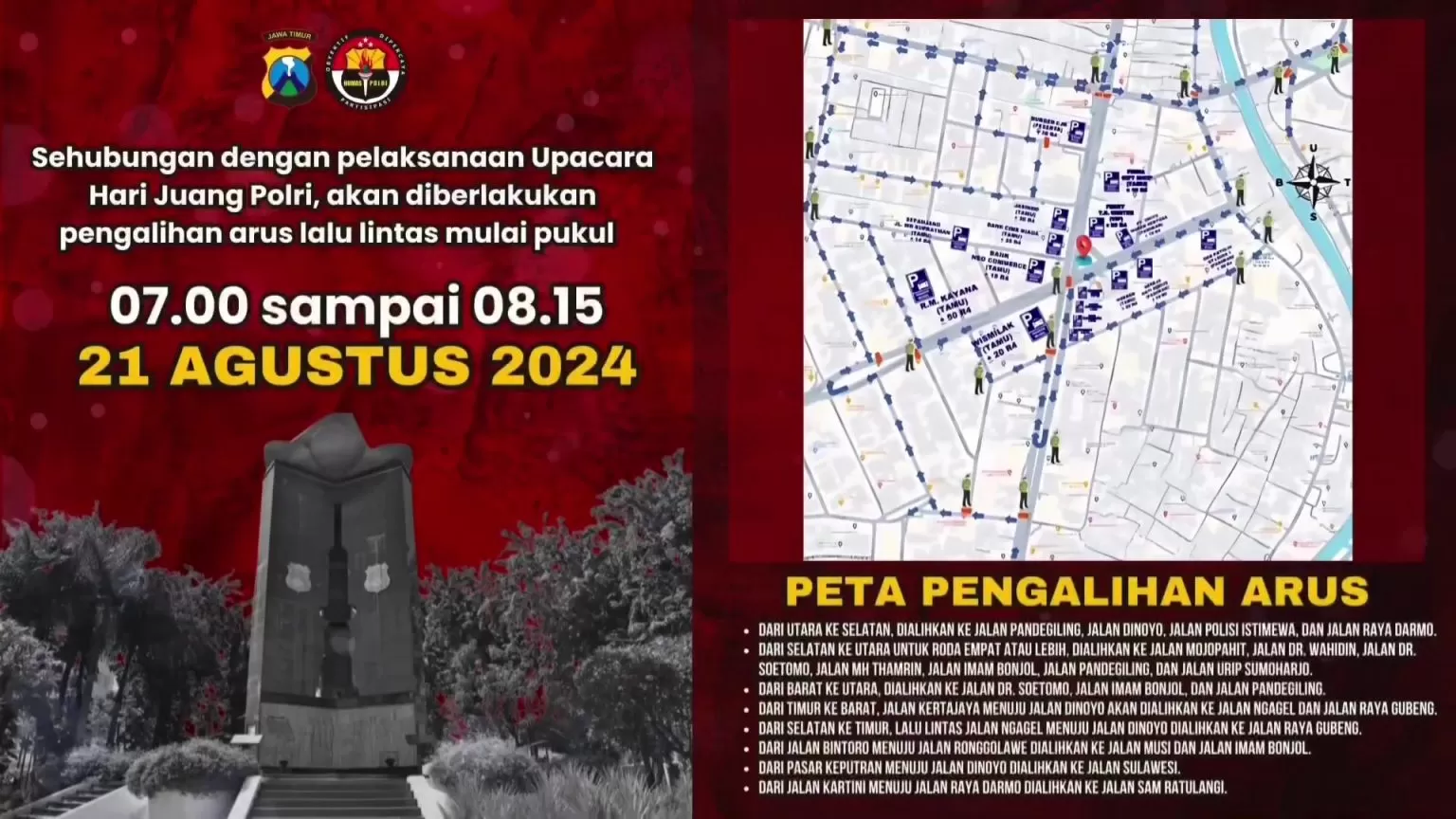 Begini Rekayasa Lalu Lintas Saat Upacara Hari Juang Polri di Surabaya. (Dok. Humas Polri)