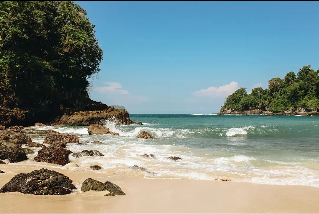 Pemandangan Teluk Hijau dengan air turquoise, pasir putih, hutan hijau, dan air terjun kecil yang menambah pesona alami. (Foto: indonesia.travel)