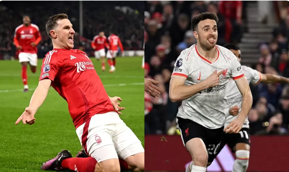 Chris Wood dan Diogo Jota saat rayakan gol untuk tim mereka masing-masing. (Foto: premierleague.com)