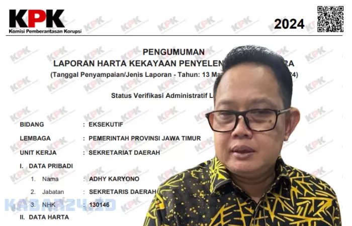Ini Kekayaan Sekdaprov Jatim Adhy Karyono Tahun 2024 Tembus Rp10,9 Miliar. (foto: Istimewa)