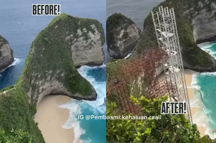 Rangka bangunan lift kaca di tebing Pantai Kelingking yang menuai sorotan publik. (foto: Istimewa)