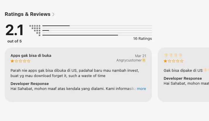 Tangkapan layar ulasan buruk pengguna aplikasi TRING! Pegadaian di App Store. (apple.store)
