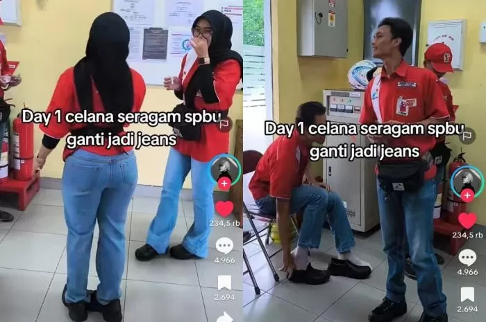 Video yang Memperlihatkan Pegawai SPBU Pertamina Menggunakan Celana Jeans Sumber: tiktok.com/titatitadidindingggg