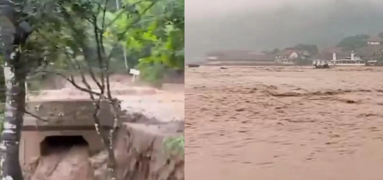 Tangkapan layar kondisi luapan sungai Cidadap yang mengakibatkan banjir di kawasan Kampung Sawah Tengah, Sukabumi. (TikTok/kang jahit)