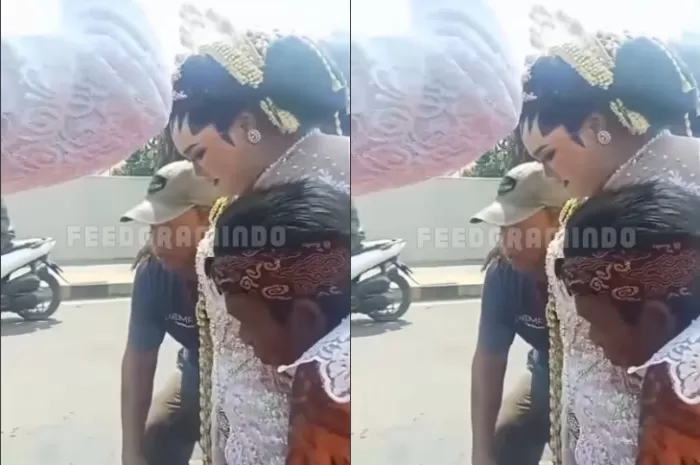 Tangkapan layar video viral pengantin wanita digendong saat lalui jembatan sungai pemali di Brebes, Jawa Tengah. (Instagram.com/@feedgramindo)