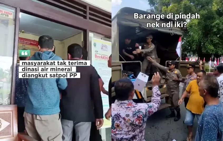 Tangkapan layar warga cekcok dengan petugas Satpol PP soal dugaan peyitaan air mineral donasi. (X/Jateng_Twit - X/Anak__Ogi)