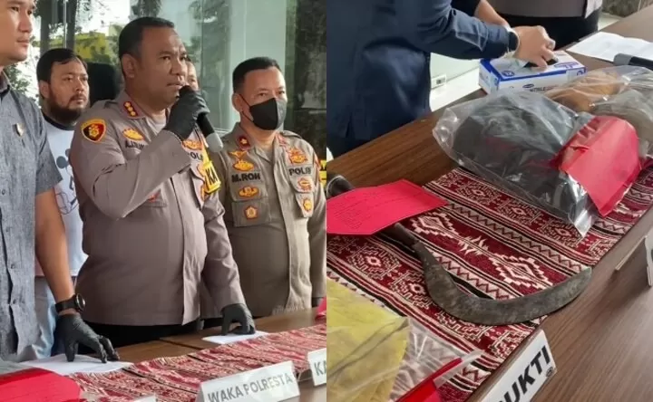 Tangkapan layar saat Kombes Pol Alfret Jacob Tilukay menggelar konferensi pers kasus dugaan pembunuhan pria terhadap kekasihnya sendiri. (TikTok/ceritaharianku_0)