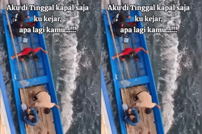Tangkapan layar video viral seorang pria yang diduga ketinggalan kapal lalu mengejar pakai sampan. (Instagram.com/@perspekshit)