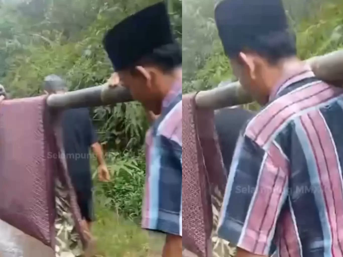 Tangkapan layar saat warga terpaksa membawa pasien dengan alat seadanya ditambah akses jalan yang rusak. (Instagram/selampung).
