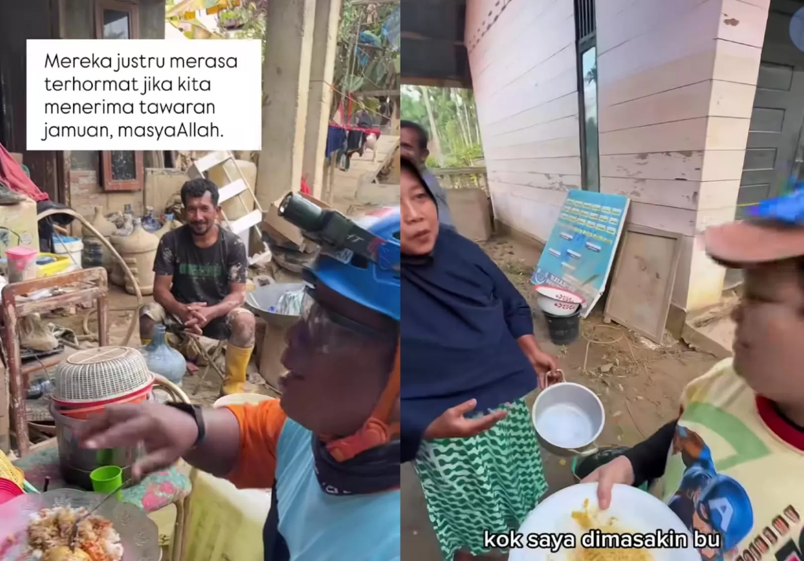 Momen pengungsi di Aceh membagikan makanan dari dapur umum kepada relawan. (Instagram/megiirawann-bayugawtama)