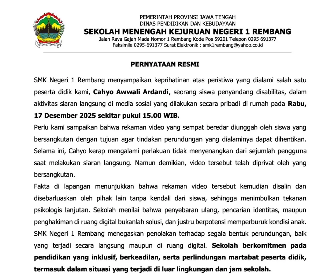 Tangkapan layar pernyataan resmi SMK Negeri 1 Rembang terkait perundungan digital