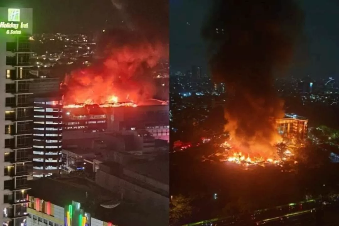 Kebakaran di Glodok Plaza (kiri) dan kobaran api di kawasan rumah padat penduduk (kanan) di Kemayoran, Jakarta Pusat   (X.com / @KokohHendry - @sastrawanto)
