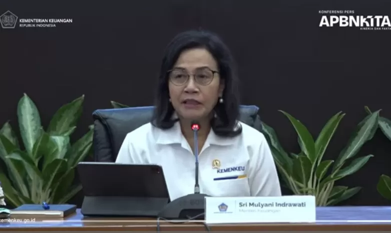 Menteri Keuangan Sri Mulyani Indrawati saat konferensi pers APBN KiTA di kantornya, Jakarta Pusat, Kamis, 13 Maret 2025.