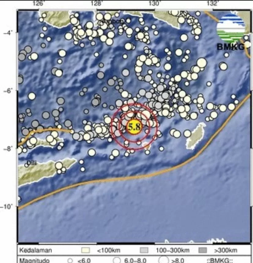 Gempa bumi terkini dengan kekuatan Magnitudo M5,8 mengguncang wilyaj Laut Banda. 