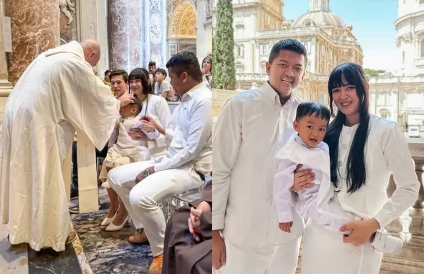 Daniel Oscar Baskoro dan Erlinda Aji Ayuningrum bersyukur, Damian Orlin Baskara menerima Sakramen Baptis di Basilika Santo Petrus, Vatikan. (Intagram @erlintopia)