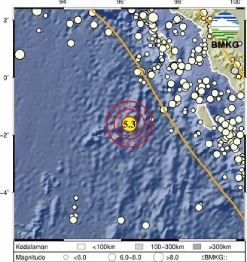 Gempa bumi dengan magnitudo 5,3 mengguncang wilayah Nias Selatan, Sumatera Utara.