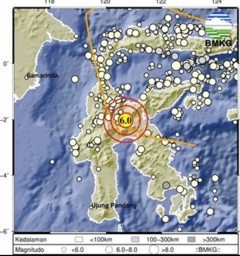 BMKG melaporkan gempa bumi bermagnitudo 6,0 mengguncang wilayah Sulawesi pada Kamis malam, 24 Juli 2025.