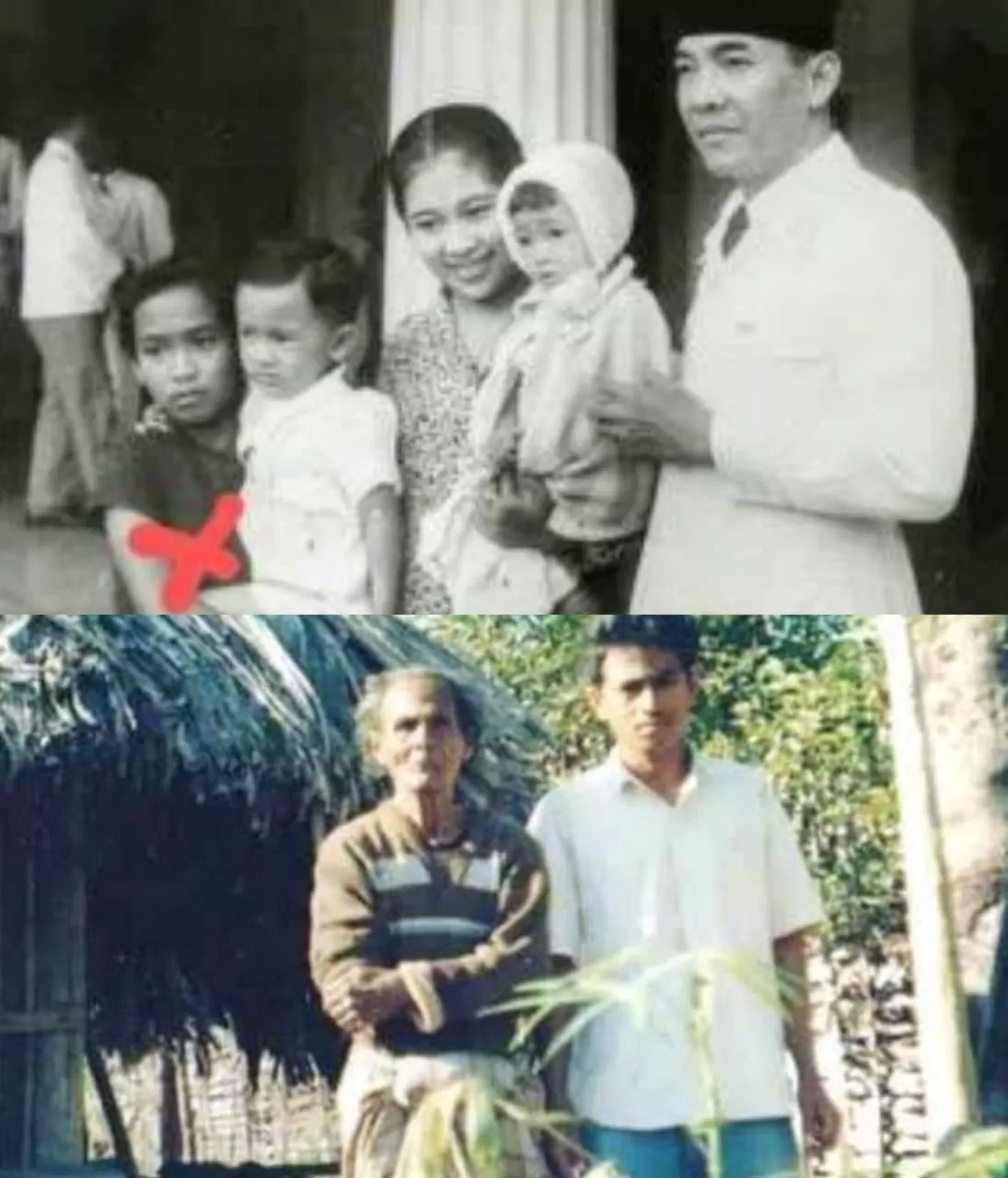 Foto atas: Riwu Ga si terompet proklamasi tengah menggendong Guntur bersama Fatmawati (menggendong Megawati) dan Soekarno. Foto bawah: Riwu Ga bersama anaknya di hutan Gewang, pedalaman Pulau Timor. (Foto: Repro Buku Kako Lami Angalai)