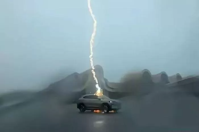 Video viral terkait insiden mobil listrik BYD tersambar petir  (X.com/@DriveGreen)