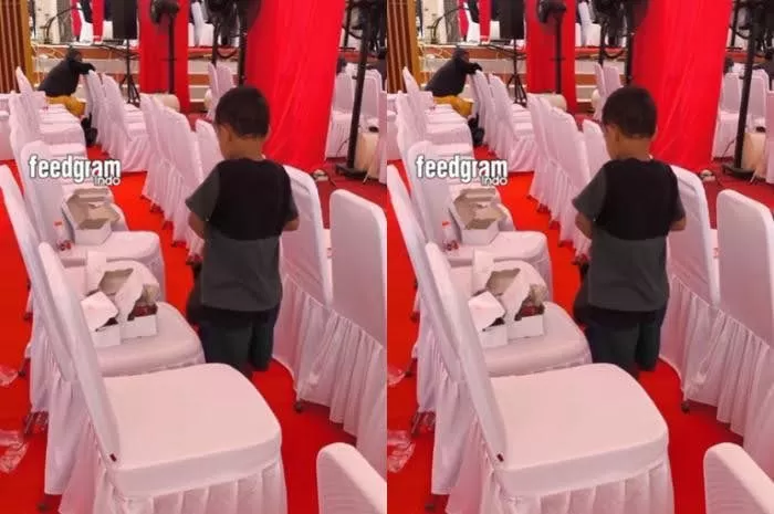 Bocah pungut sisa makanan pejabat usai acara HUT RI ke-80 (Foto: Instagram.com/@feedgramindo)
