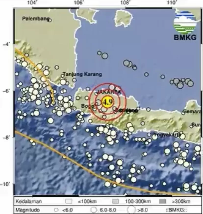 Gempa bumi Magnitudo 4,9 mengguncang Bekasi, Jawa Barat.