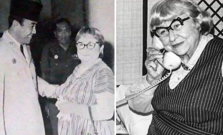 Presiden Soekarno Bersama Muriel Stuart Walker alias Ni K&rsquo;tut Tantri, warga Amerika kelahiran Skotlandia, Inggris Raya, yang ikut terlibat Pertempuran Surabaya. (Tangkapan Layar - Ist)