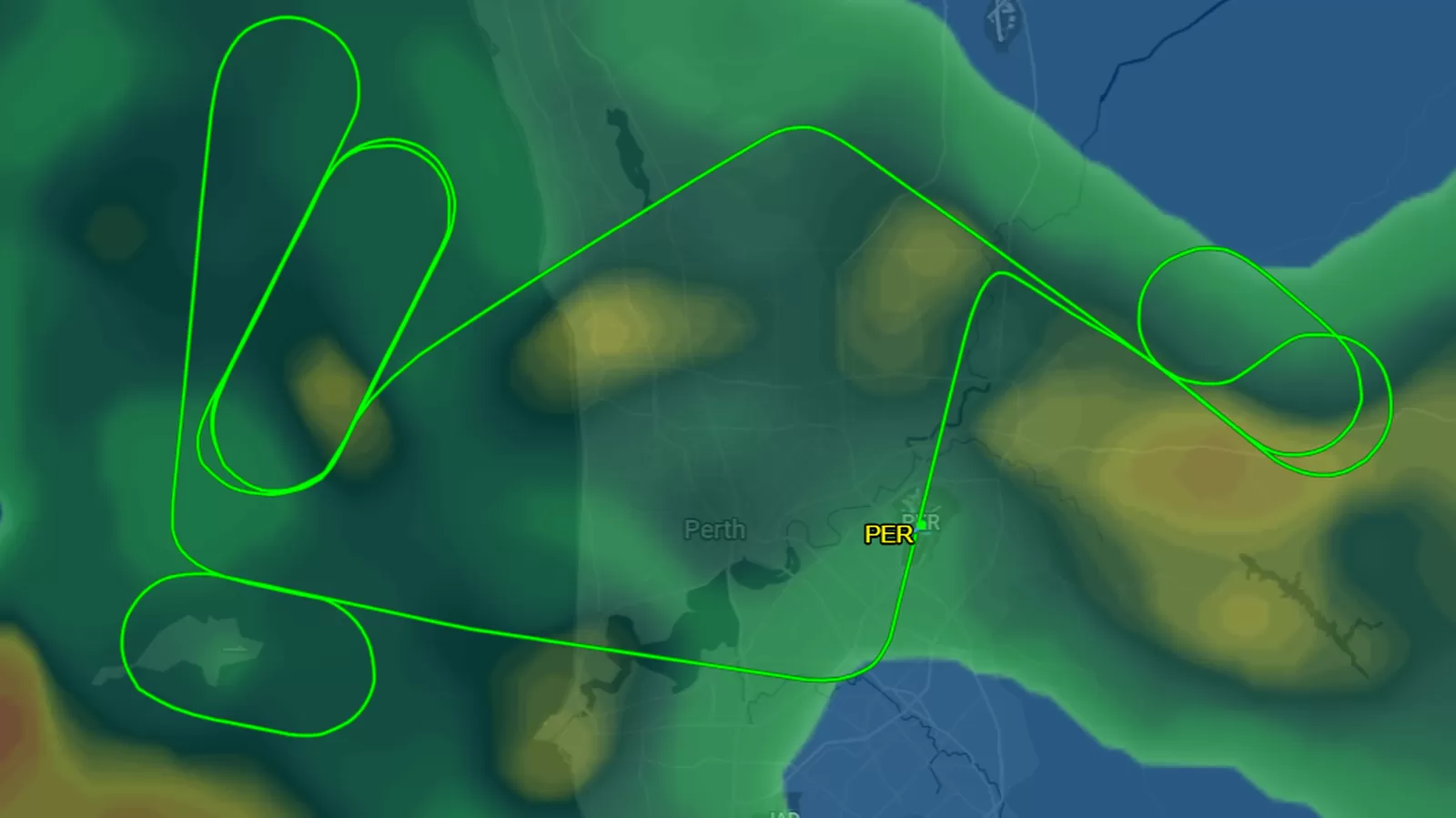 Lintasan pesawat AirAsia yang berputar-putar untuk membuang bahan bakar sebelum kembali mendarat di Perth. (Istimewa)
