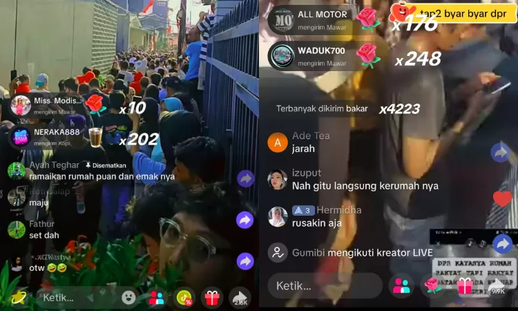 Kedatangan gerombolan ABG ubah demo jadi penjarahan&nbsp;di rumah Sahroni. (X/TikTok)