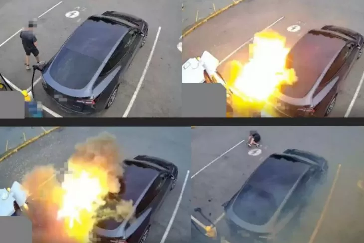 Tampak kolase adaptor pengisian daya SPKLU yang meledak setelah terhubung dengan Tesla. (Tangkapan layar Carscoops)