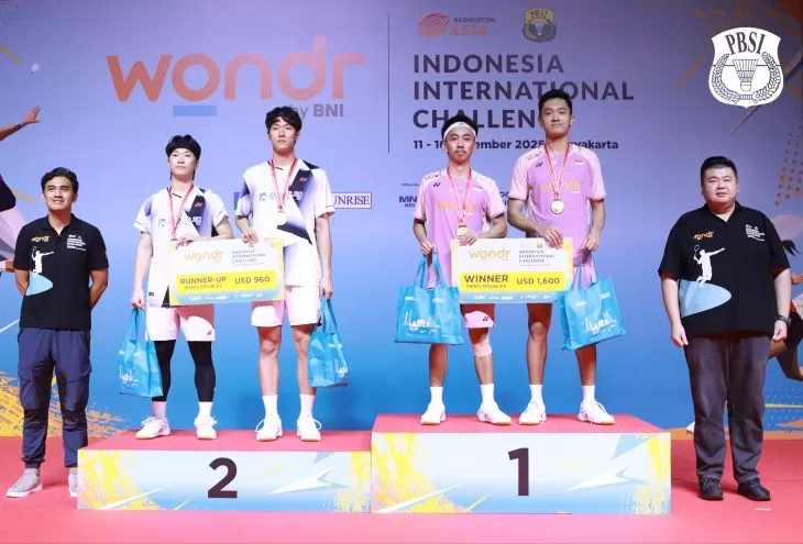 Podium ganda putra wondr by BNI Indonesia International Challenge 2025 berhasil direbut pasangan Muh Putra Erwiansyah-Daniel Edgar Marvino setelah mengalahkan wakil Korea, Song Hyun Cho-Sung Ik Jin. (Foto: PBSI)