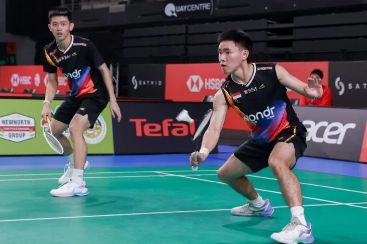 Pasangan Raymond Indra-Nikolaus Joaquin tampik apik di babak pertama BWF Super 500 Australia Open 2025. (Foto: PBSI)