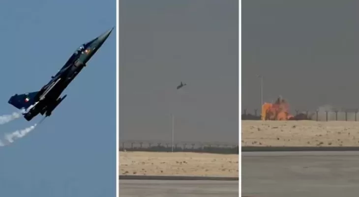 Foto kolase detik-detik jet tempur Tejas India jatuh saat kegiatan Dubai Airshow 2025. (Foto: Airspace Review)