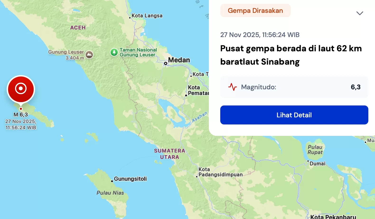 Titik koordinat terjadinya gempa Magnitudo 6,6 di dekat Sinabang, Pulau Simeuleu. (BMKG)