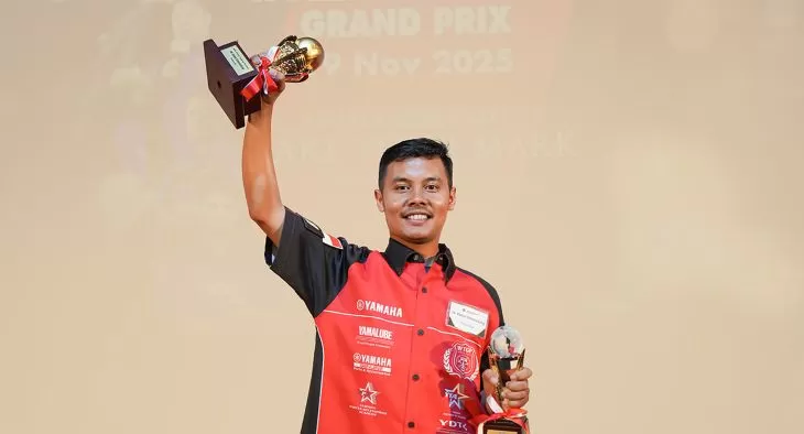 Teknisi Indonesia Robet B Simanullang menyabet gelar juara ketiga pada kompetisi World Technician Grand Prix atau WTGP 2025 di Jepang.  (Foto: Yamaha Indonesia)
