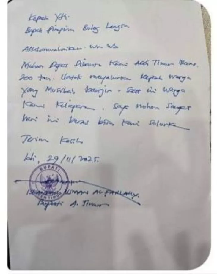 Tampak surat permintaan bantuan beras oleh Gubernur Aceh Timur kepada Bulog Langsa karena warganya kelaparan akibat banjir bandang. (Foto: X.com @Aceh)