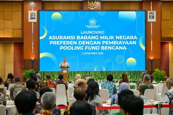 Wamenkeu Suahasil Nazara saat memberkan kata sambutan terkait peluncurkan Asuransi Barang Milik Negara BMN melalui pembiayaan pooling fund bencana. (Foto: Kemenkeu)