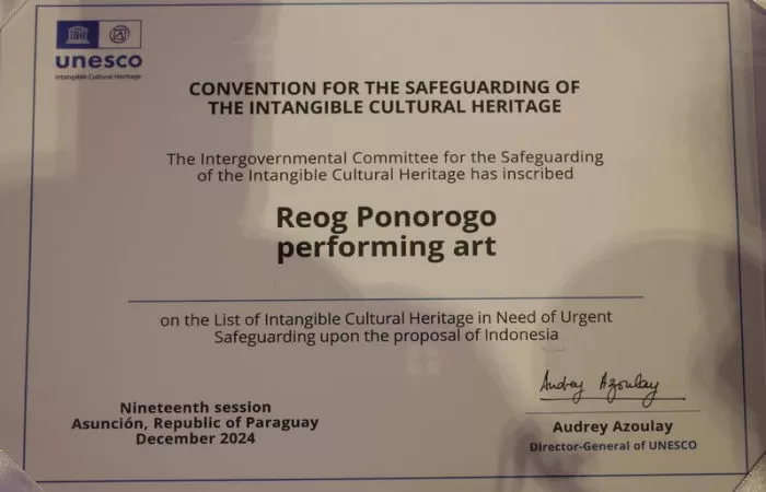 Reog Ponorogo resmi jadi warisan takbenda dunia setelah menerima sertifikat UNESCO (Foto: ponorogo.go.id)