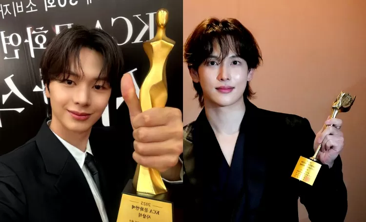 Yook Sungjae dan Im Si Wan raih piala di&nbsp;Day KCA Awards ke-30.&nbsp;(X&nbsp;@BTOBharmony)